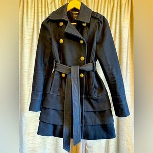 Express Pre-owned Belted Tiered Navy Wool Winter Coat XS